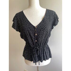 One Clothing Los Angeles Flutter Sleeve Blouse Juniors L Black Polka